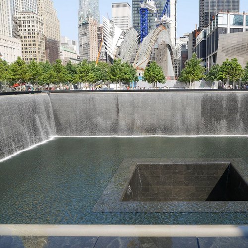 2. Beyond pool Calatrava's transit hub. Snohetta's museum pavilion right..jpg