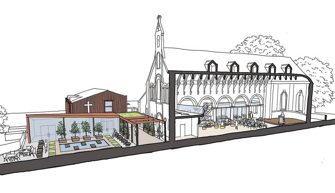 3.	Studio BAD’s cross section for new community courtyard at St Lukes church, Portsmouth Southsea.