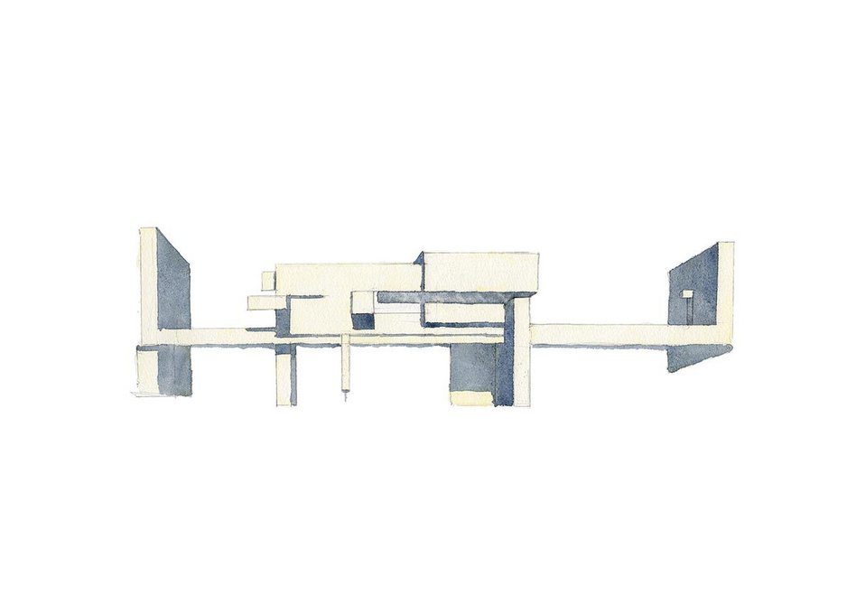 The Apollo Pavilion by Victor Pasmore in the New Town of Peterlee, County Durham, described by the author as a ‘modernist folly’. Sketch by Rory Fraser