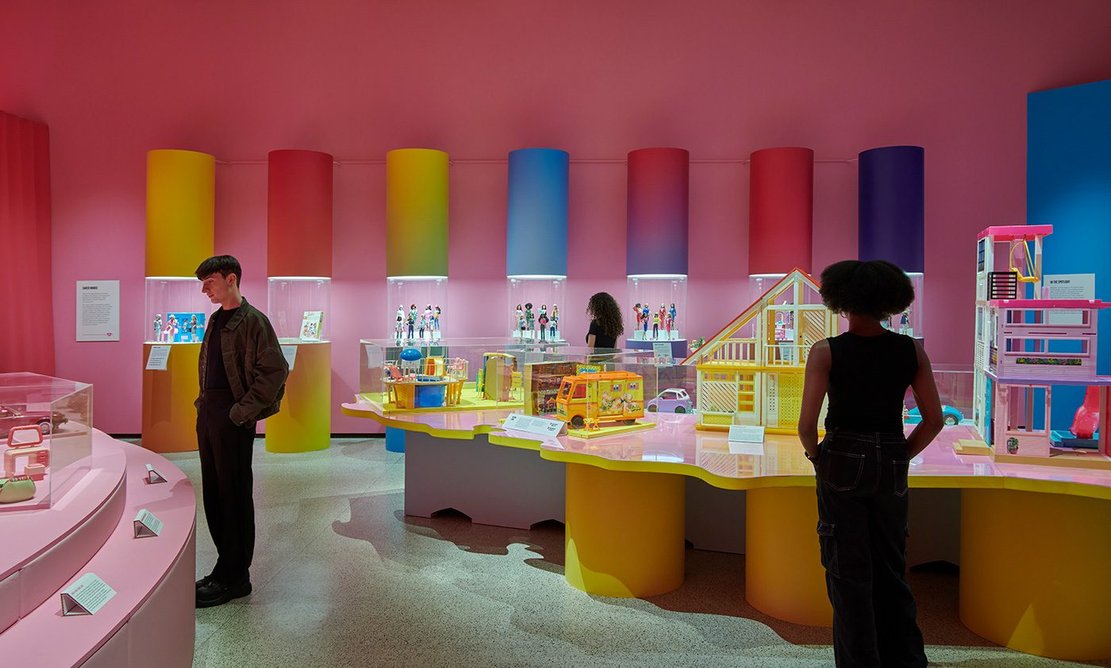 Installation at Barbie®: The Exhibition at the Design Museum. Sam Jacobs Studio’s design references cylindrical cabinets at Hans Hollein’s Museum of Glass and Ceramics in Tehran.