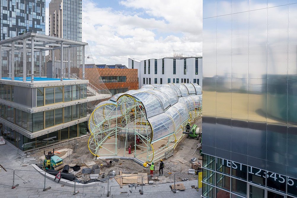 The Design District features a total of 16 buildings by eight architects. In the foreground, SelgasCano’s Design District Canteen is flanked by buildings by Architecture 00 (left) and Barozzi Veiga (right).