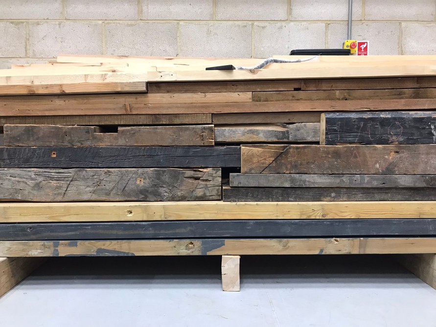 Reclaimed timber at UCL's Here East campus in London, 2024.