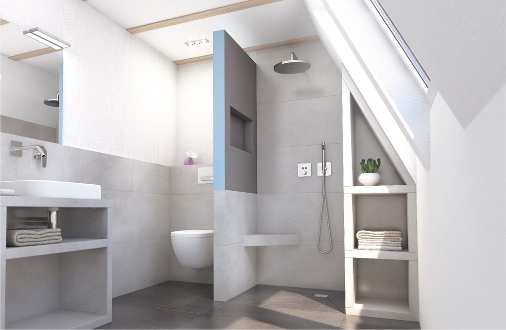 The Wedi Sanwell Wall is a robust but lightweight partition with an integrated niche. Shown here with a tiled Wedi Sanoasa corner seat and a Fundo shower element with point drainage.