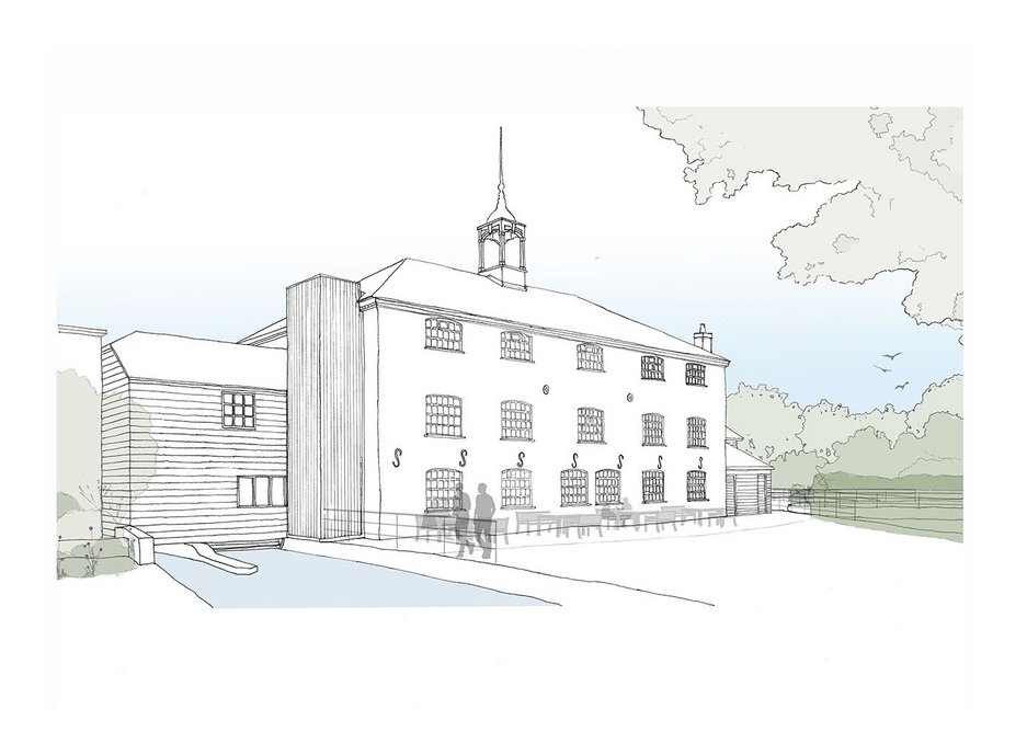 Sketch view of the external lift shaft at Whitchurch Silk Mill, a Georgian water mill that weaves silk using 19th century machinery.