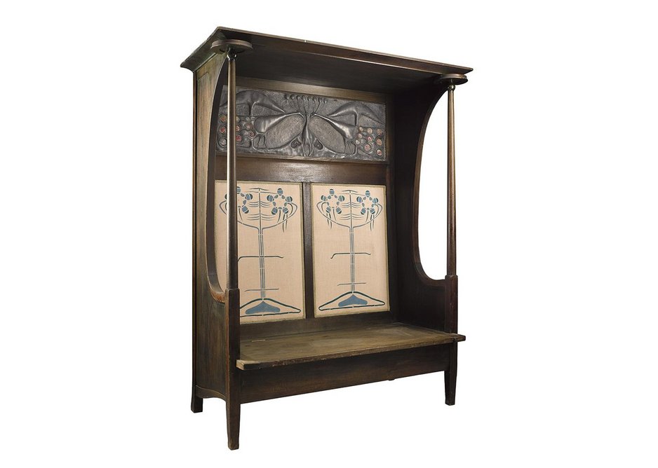 Settle designed by Charles Rennie Mackintosh, 1895, in the Decorative Arts section.