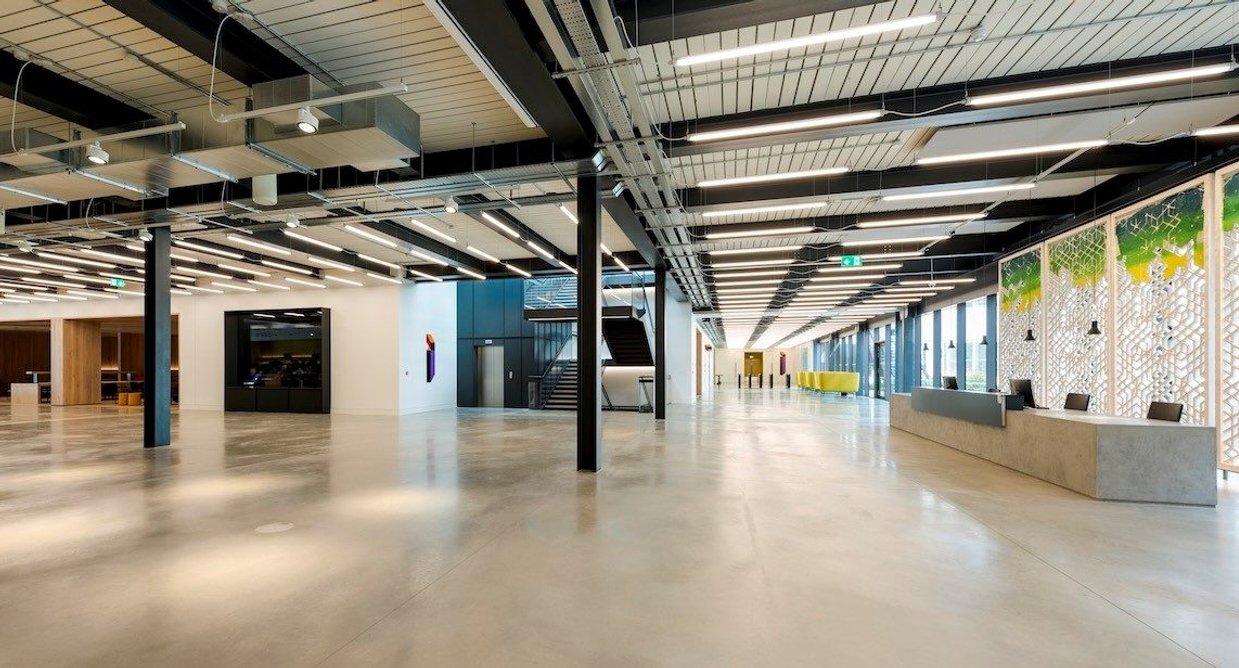 Lazenby Cool Grey Polished Concrete at The Westworks office renovation, White City by Allies and Morrison.