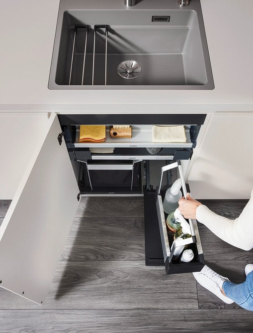 Blanco Unit with removable Storage Caddy for cleaning products.