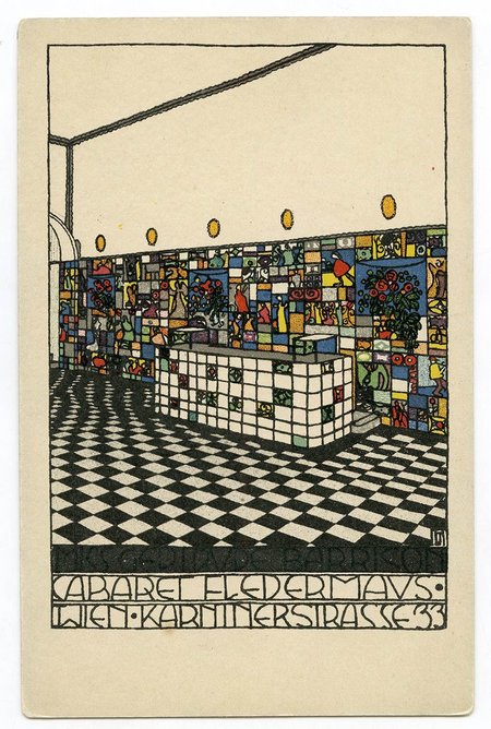 Josef Hoffmann, Wiener Werkstätte Postcard No. 75, Bar Room ‘CABARET FLEDERMAUS, WIEN, KÄRNTNERSTRASSE 33’, Vienna, 1907