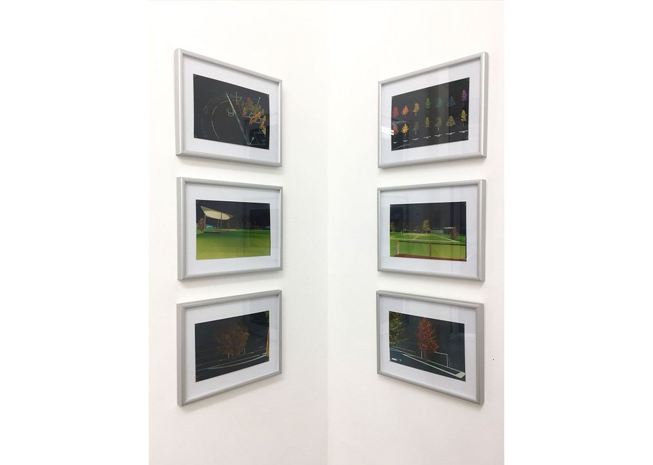 Exhibition view of images from Jacques Hondelatte’s Jardin de Foot, Noisel, 1994.