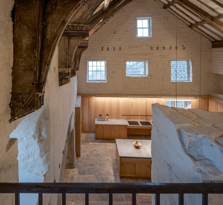 Looking into the Great Hall. A craggy viewpoint connects the ground and first floors.