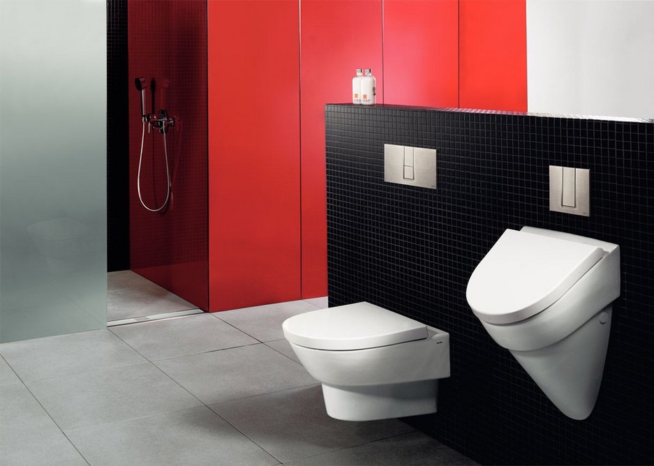 Freestanding bathroom partitions can be created with pre-wall systems.