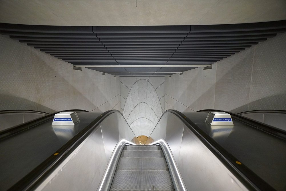 Ascending the escalators at Whitechapel, designed by BDP.