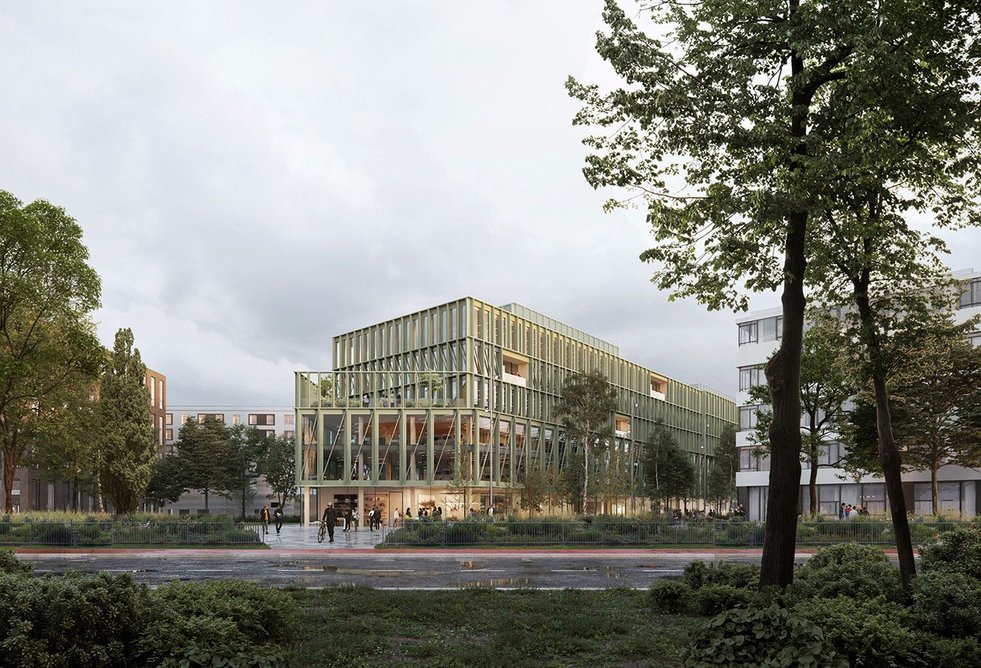 i8, iCampus in Werksviertel, Munich, Germany, C.F. Møller Architects 2020–. A modular design with hybrid timber in most parts of the construction, clad in recycled anodised aluminium.