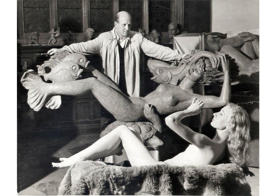 Arthur Fleischmann, Miranda, 1951. Image of the artist in the studio with the work and model.