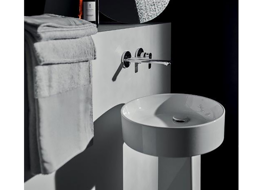 Conca 45cm-diameter washbasin and freestanding pedestal with Concept Air wall-mounted mixer tap in Chrome.