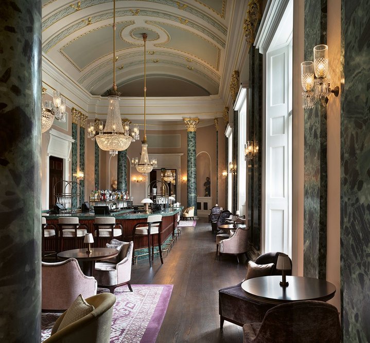 1970s chandeliers in the Grand Saloon have been refurbished to emulate more traditional Regency styles, with integrated mini-spots to invisibly light tables.