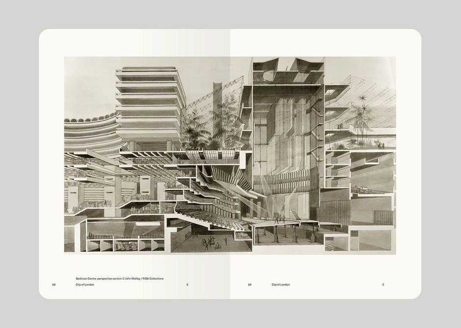 Spread from The Alternative Guide to the London Boroughs, Open House and Owen Hatherley, showing Barbican Centre perspective section © John Maltby/RIBA Collections