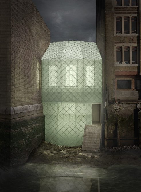 Bureau de Change’s proposed application of Lulu Harrison’s glass uses the tiles to clad recreated forms of historic riverside pubs, such as the Turk’s Head.