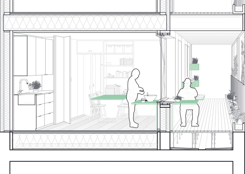 Perspective section showing apartment kitchen (left) and communal balcony.