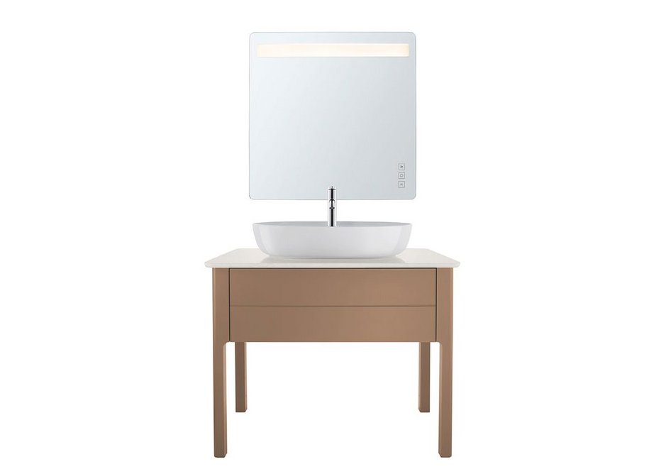 Simple elegance: Floorstanding Luv vanity unit, console and mirror with built-in light.