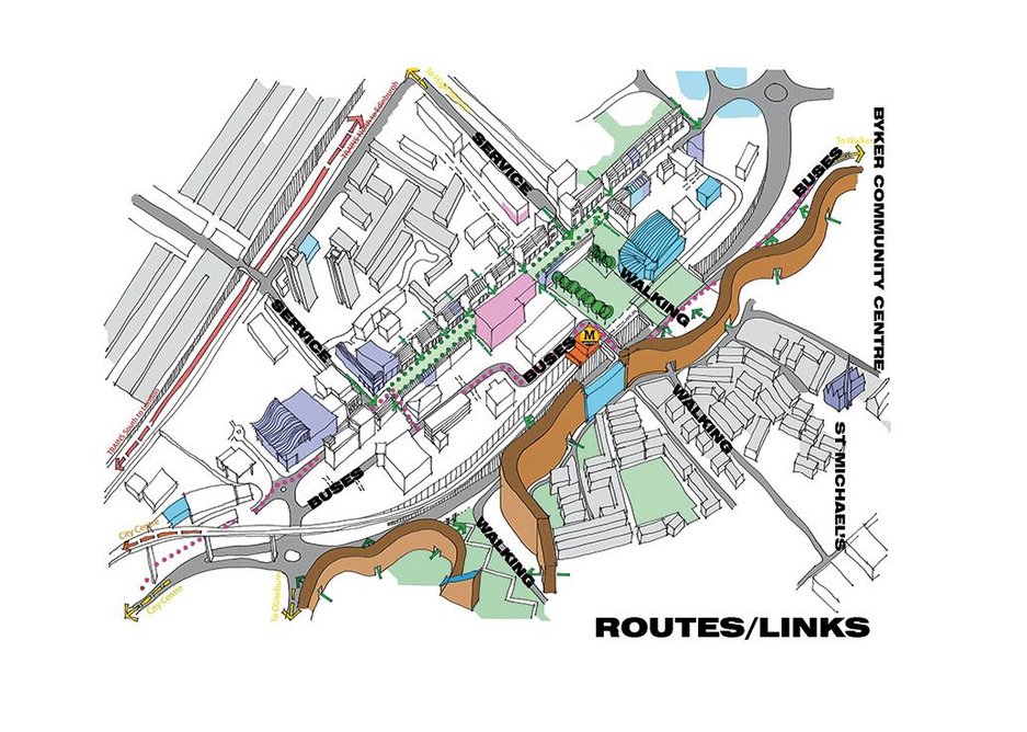 Diagram to show how xsite proposes to improve routes and links through  the area including creation of a pedestrianised high street.