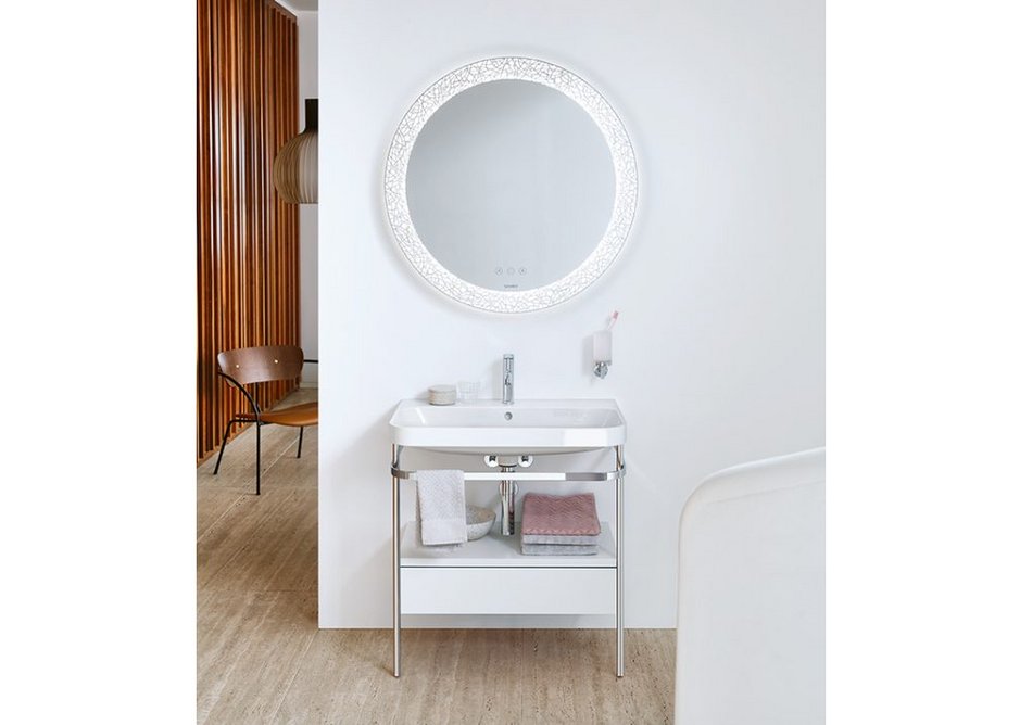 Happy D.2 Plus C-shaped washbasin with metal console in Chrome, furniture unit in White High Gloss, mirror in Organic finish and C.1 tap.