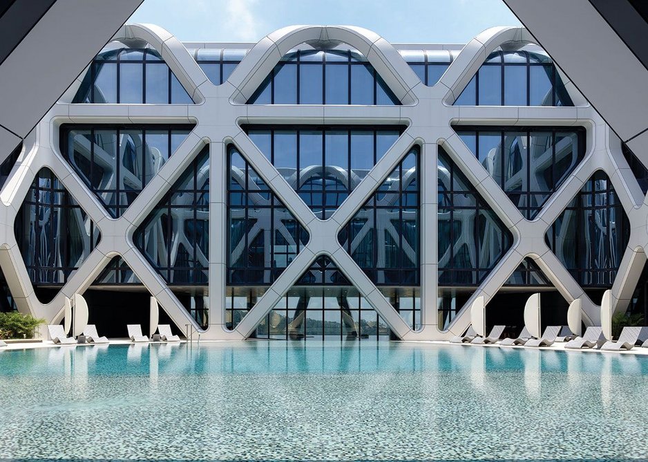 Upper level pool deck with exoskeleton folding around and down.