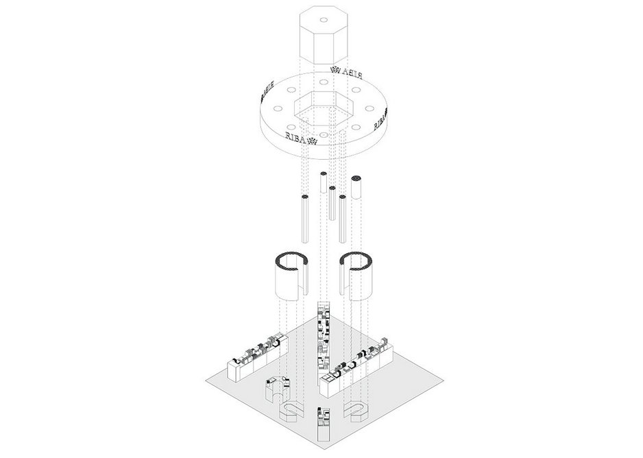 Exploded axonometric showing the stand’s elements.