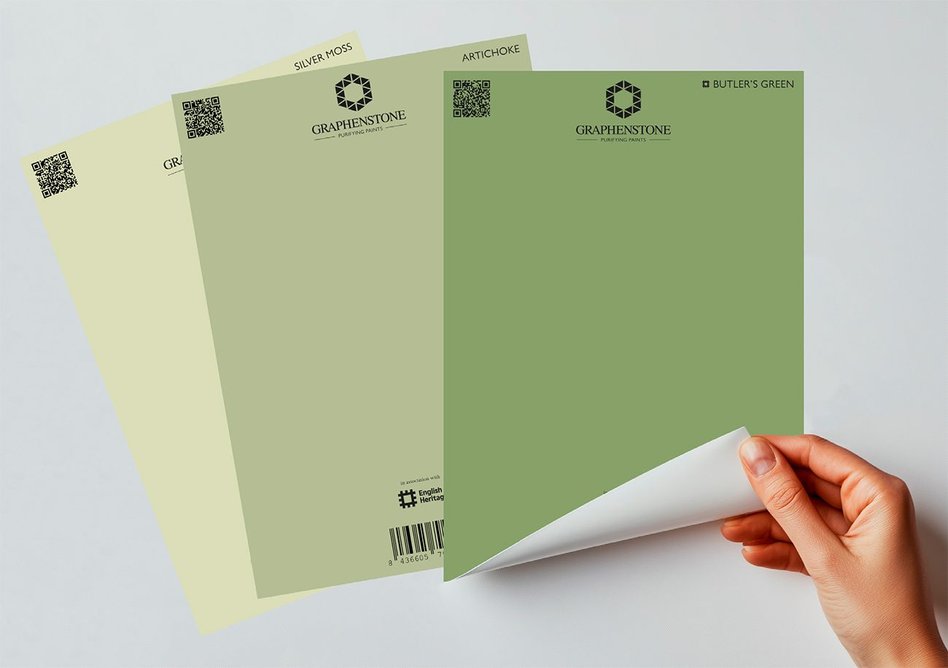 Graphenstone's reusable Peel & Stick colour samples, from left: Silver Moss, Artichoke, and Butler's Green.