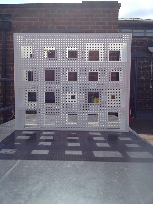 Millimetre produced prototypes of panels, which were tested in-situ at Coffey Architects’ Science Museum Research Centre to determine the optimum size and arrangement of holes for the perforated screen.