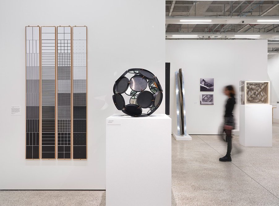 Installation view of Enzo Mari, curated by Hans Ulrich Obrist with Francesca Giacomelli. The Serie Elementare collection of 30 different tiles for Gabbianelli (1968) is to the left.