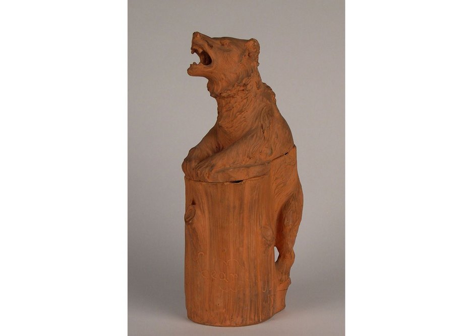 Terracotta tobacco jar and cover in the form of a bear, by Lockwood Kipling, 1896.