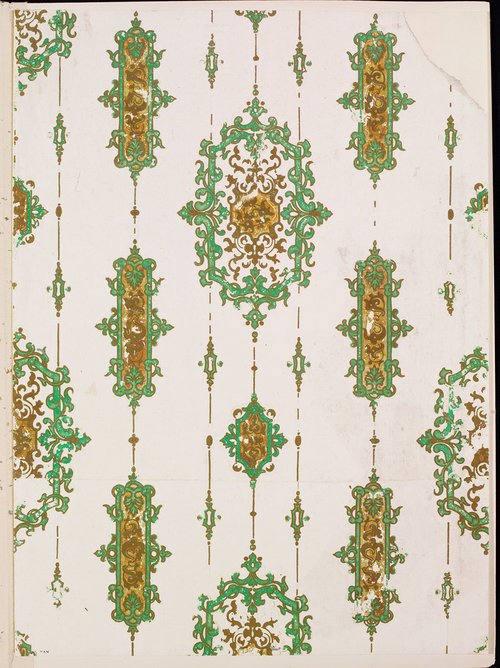 Arsenic Wallpaper, nominated by Lucinda Hawksley. Pictured: Wallpaper with arabesque pattern, printed with Scheele’s copper-arsenic green, UK, 19th century.