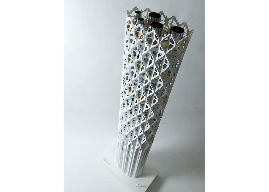 Tower of Light by Tonkin Liu, a biomimetic single surface flue structure. Paper and chrome-plated tubes.