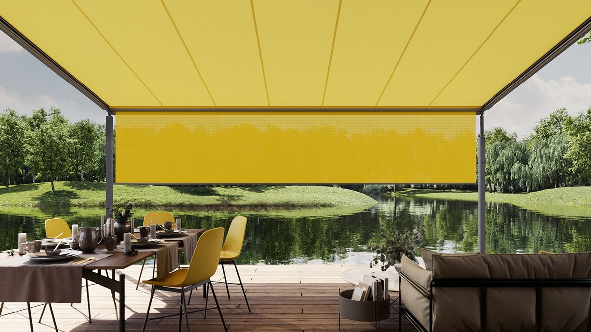 Pergola Cubic awning with solar-powered drop down valance and telescopic posts.