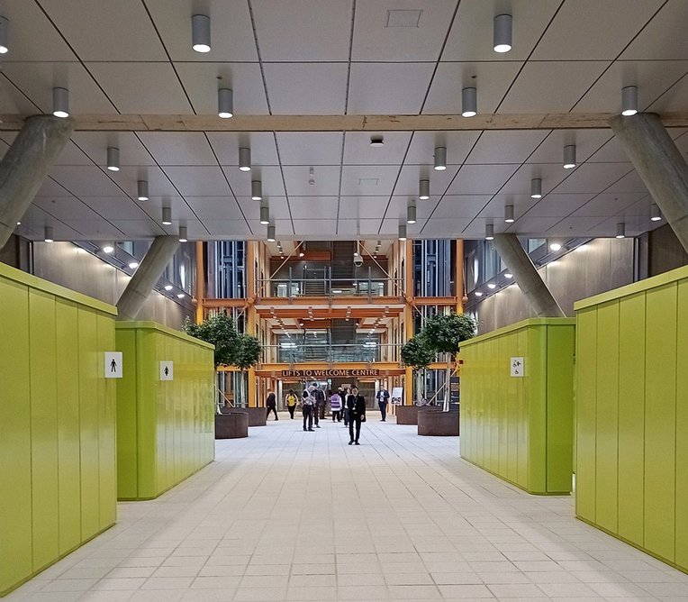 Main entrance. The whole building is set out on a 7.8m structural grid that underlies a 300mm planning matrix.