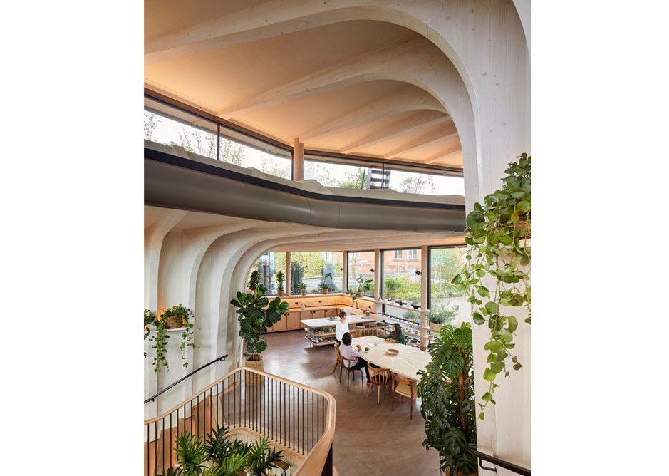 Timber fins supporting the glulam pavilion roof above are each unique to their specific loading. Recessed deflection heads at roof edges allow the building to allow the structure to flex without compromising the structural glazing.