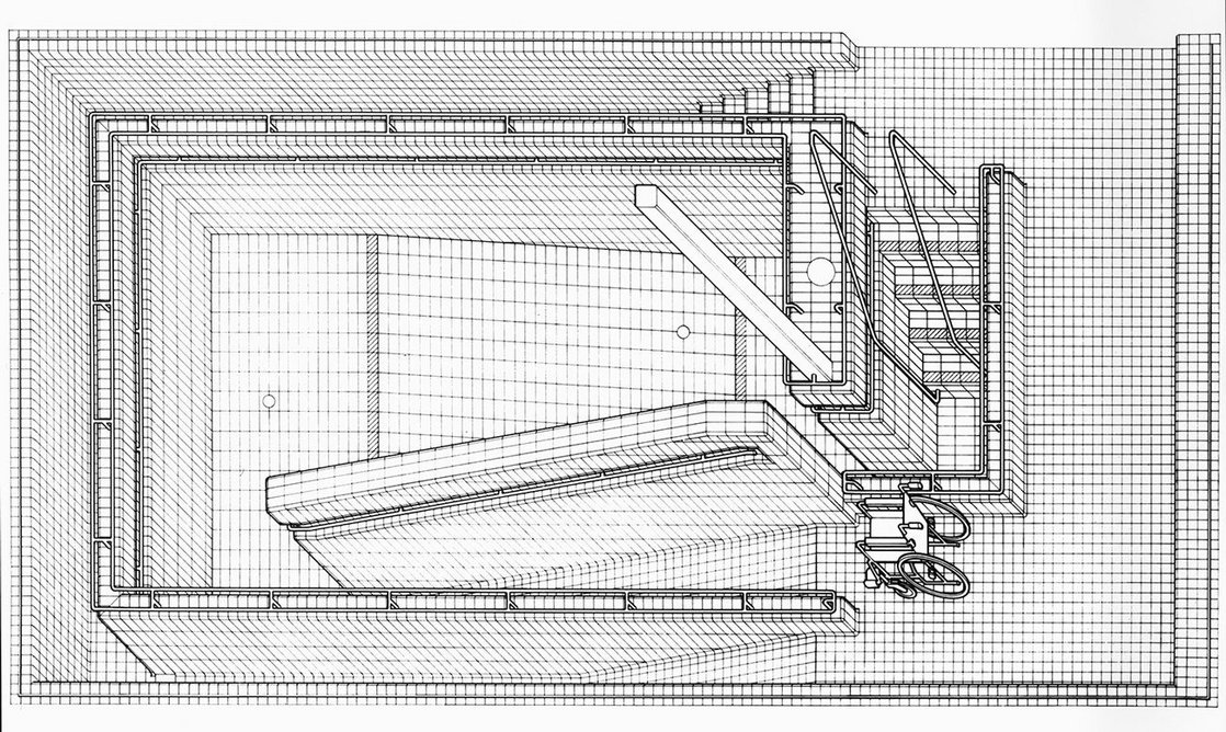 Axonometric drawing of a home for disabled people at 48 Boundary Road, London. Designed by Evans & Shalev in 1972, it was later converted into a care home for the elderly.