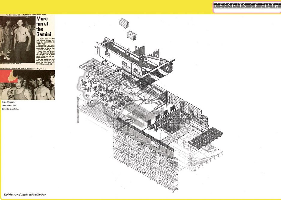 Investigating spatial aspects of a Huddersfield gay bar.  Top HIM Magazine article featuring the Gemini Club (1981).