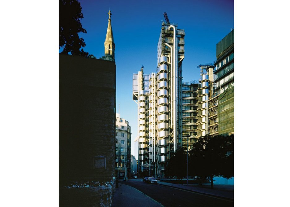 The Lloyd's building with the steeple of St Andrew Undershaft to the left.