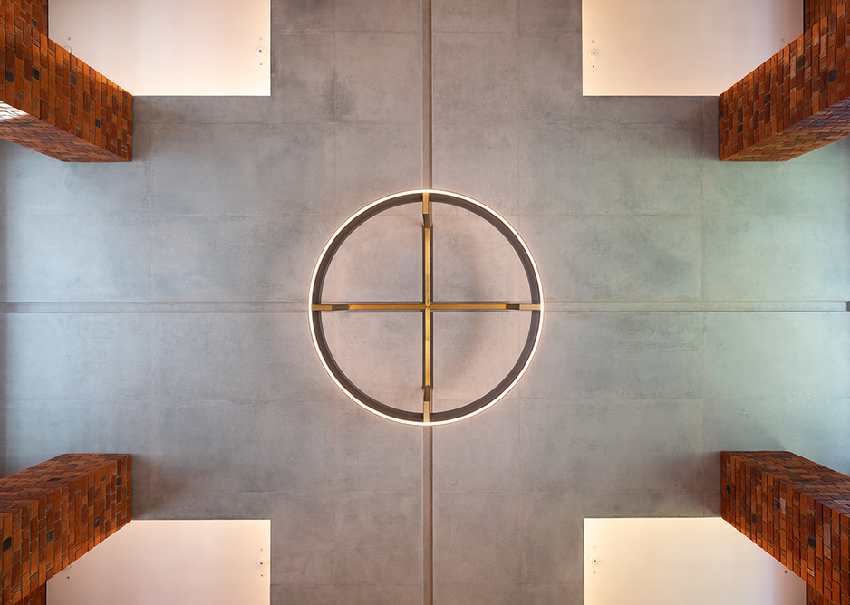 Cruciform ceiling view of foyer with bespoke light fitting. Credit: Hufton + Crow