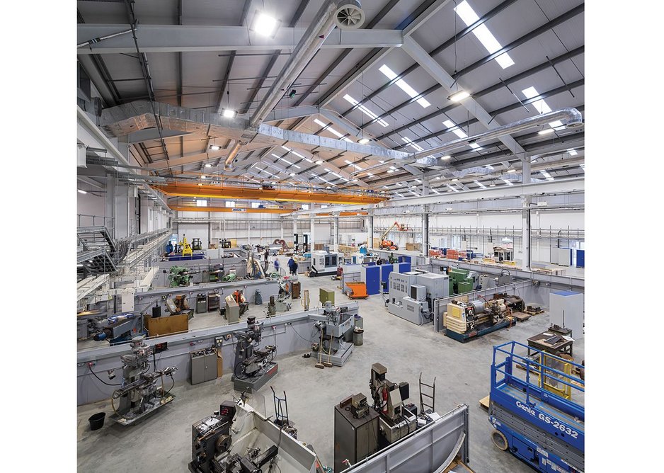 Inside the testing facility/ workshop. Clear spans allow for heavy duty testing machinery and two high load lifting gantries.