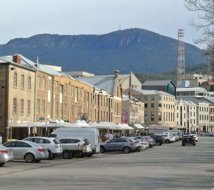 Historic Salamanca place with kananyi/Mount Wellington in the background.