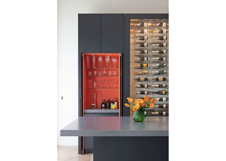 Metro matt lacquer bespoke kitchen with wine conditioning cabinet. Designed in collaboration with Samantha Todhunter and Tim Clarke Residential Property Management.