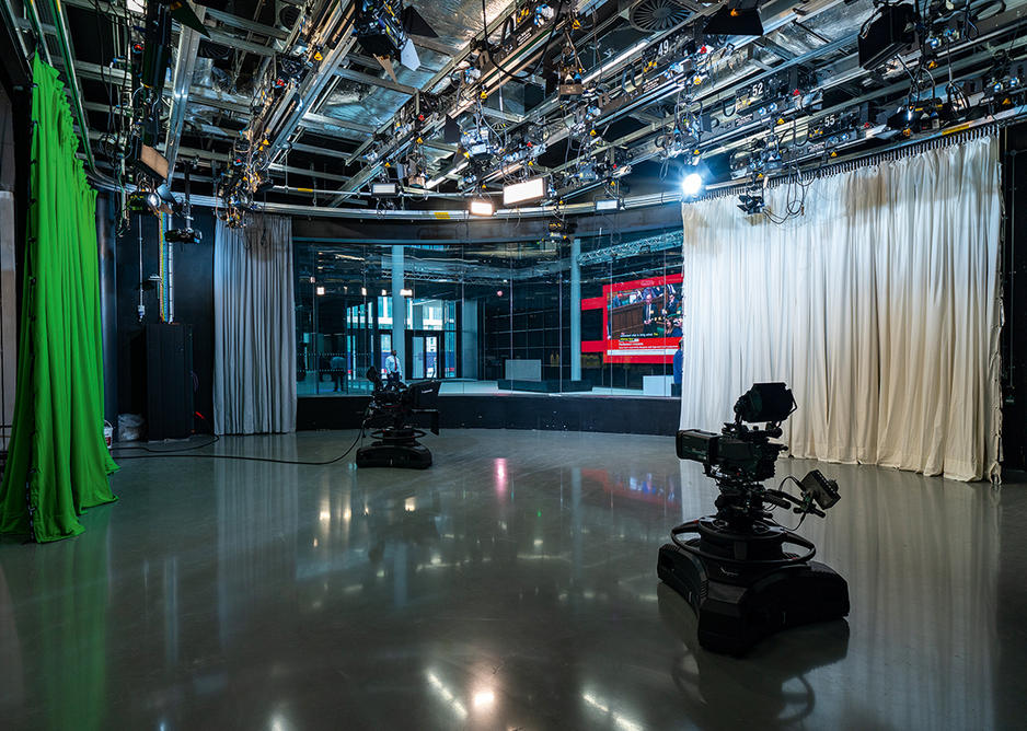 The larger TV studio looking to the north entrance. With floating floors and thick acoustic glass, the public can pass through and observe without disturbing a live performance.