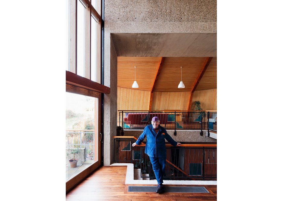 Roger Zogolovitch in his new Houseboat in Poole Dorset, which draws on the ideas of his development company to create free-flowing spaces separated by the split section.