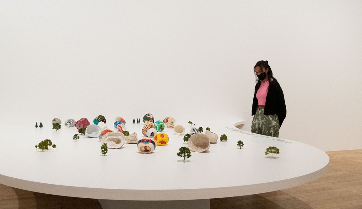 Gallery installation of the Lubaina Himid exhibition at Tate Modern, London, showing Jelly Mould Pavilions for Liverpool, 2010