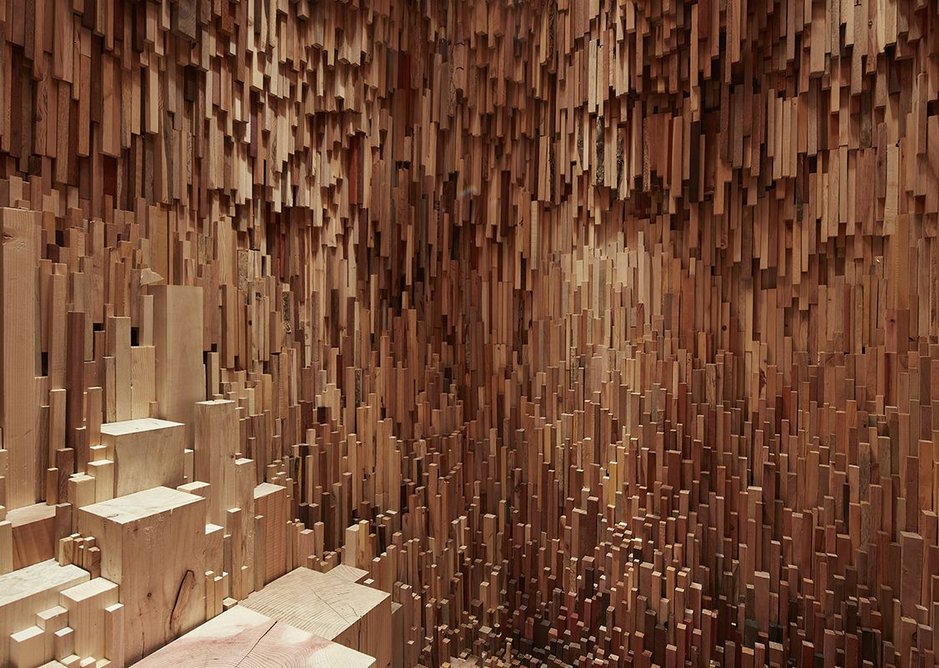 Thousands of pieces of wood gathered from species from all over the world make up the interior.