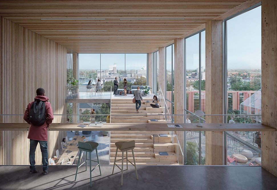 WoodHub, Odense, Denmark, C.F. Møller Architects, 2021–2026. The largest timber building in Denmark, this new government office hub in Odense will house 1,600 public employees.