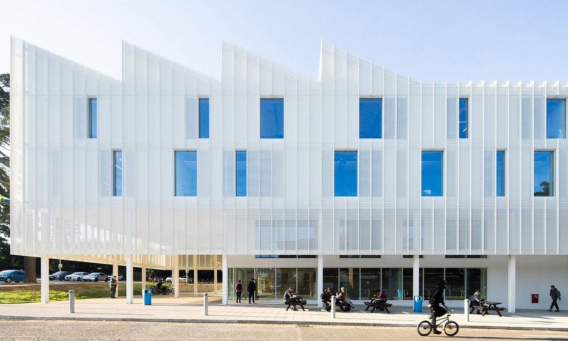 The Digi-Tech Factory, designed by Coffey Architects for Norwich City College. The architects used the perforated screen to create a layering of the threshold between public and private space.